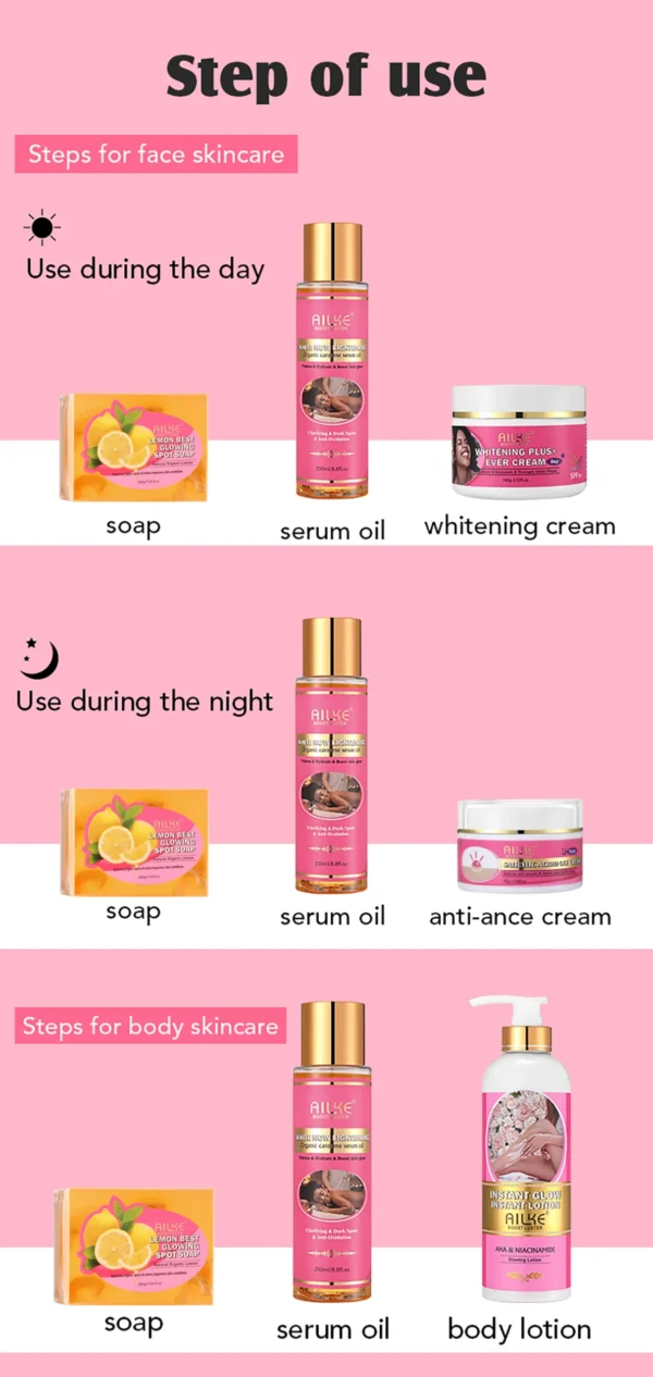 AILKE Private Label AHA Premium Rose Whitening Anti-Spots Cream Organic Body Serum Oil Lemon Soap Glowing Lotion Skin Care Set - Image 27