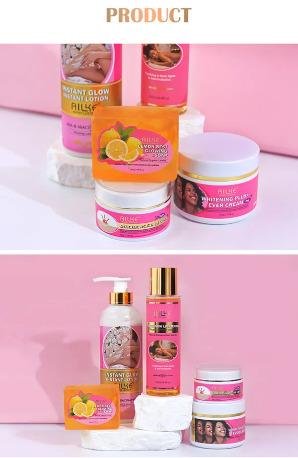AILKE Private Label AHA Premium Rose Whitening Anti-Spots Cream Organic Body Serum Oil Lemon Soap Glowing Lotion Skin Care Set - Image 28
