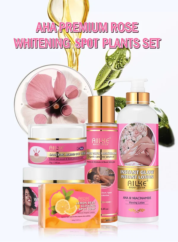 AILKE Private Label AHA Premium Rose Whitening Anti-Spots Cream Organic Body Serum Oil Lemon Soap Glowing Lotion Skin Care Set - Image 16