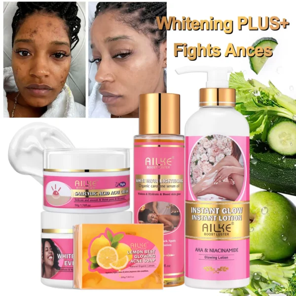 AILKE Private Label AHA Premium Rose Whitening Anti-Spots Cream Organic Body Serum Oil Lemon Soap Glowing Lotion Skin Care Set - Image 3